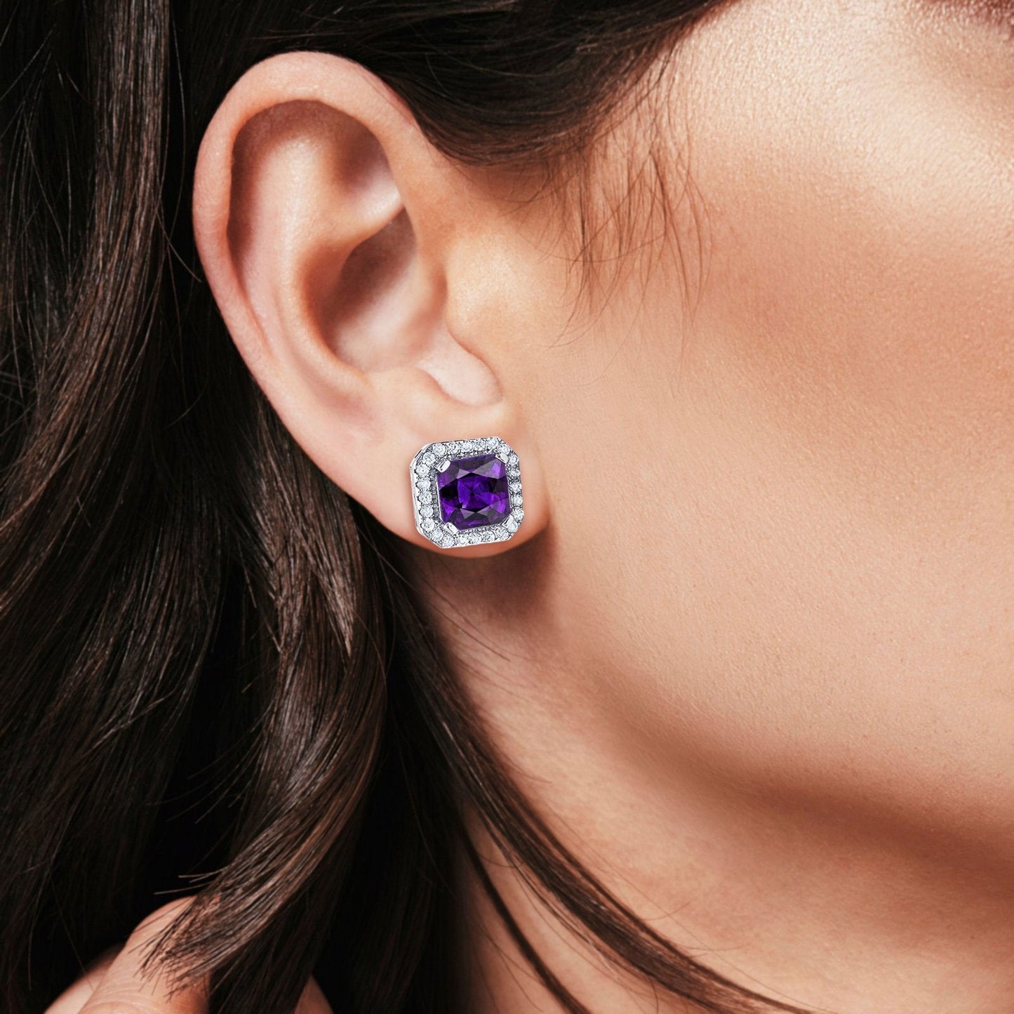 Halo Stud Earrings Wedding Princess Cut Simulated Amethyst CZ