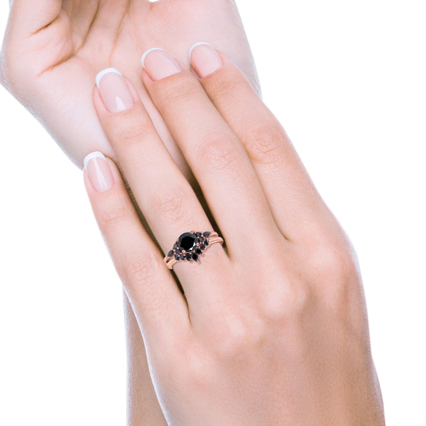 Two Piece Art Deco Black Marquise Round Rose Tone, Simulated Black CZ Wedding Ring