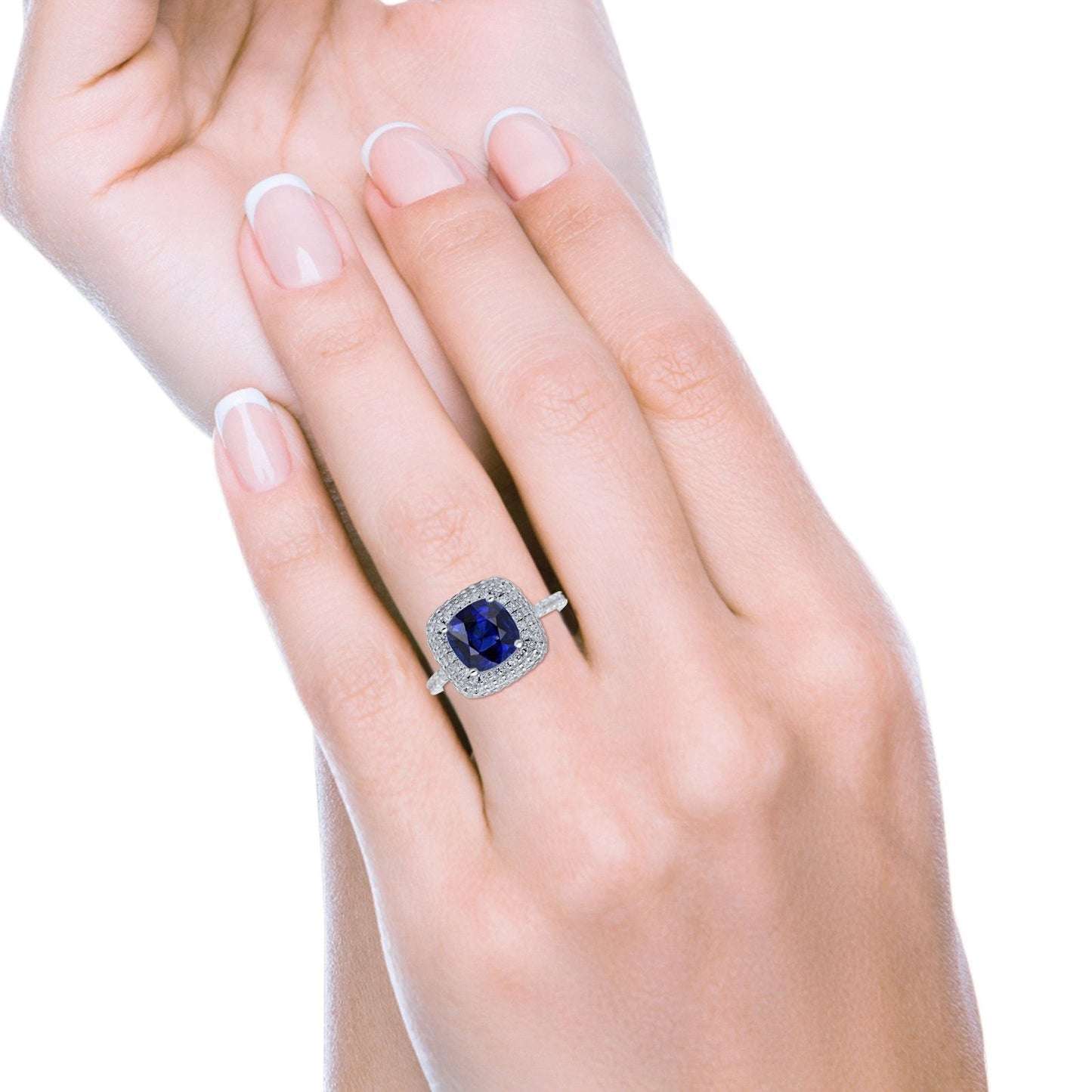 Halo Art Deco Cushion Cut Wedding Ring Simulated Blue Sapphire CZ