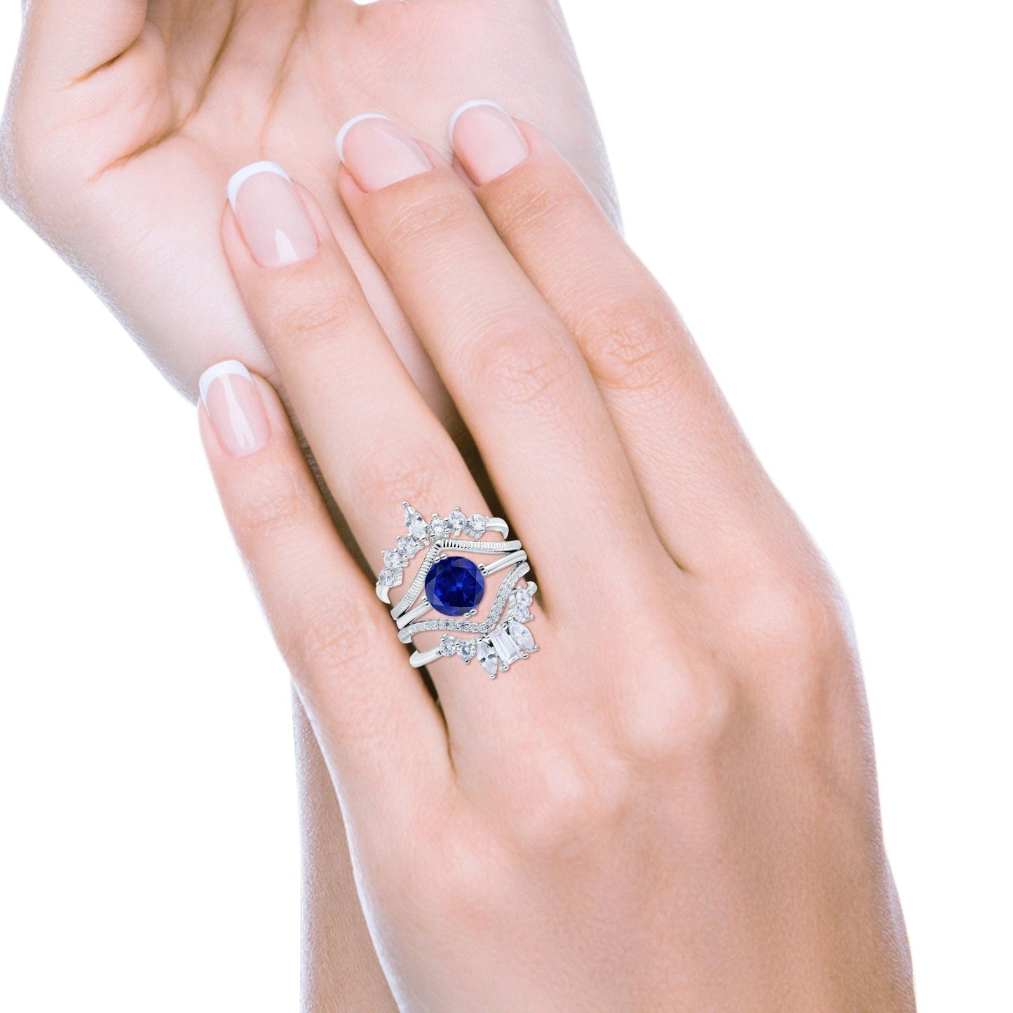 Trio Set Three Piece Bridal Round Simulated Blue Sapphire CZ Wedding Ring