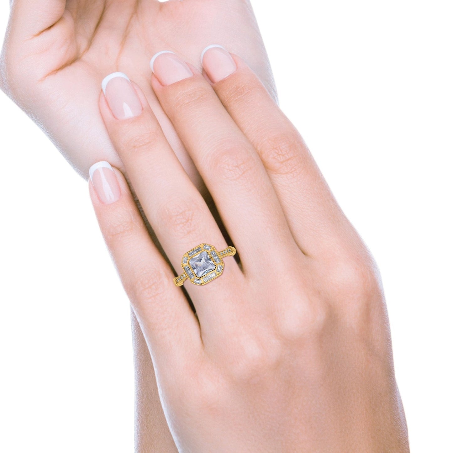 Art Deco Cushion Engagement Bezel Ring Yellow Tone, Simulated CZ