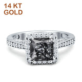 14K White Gold Princess Cut Natural Rutilated Quartz Halo Tapered Ring