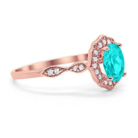 Antique Style Wedding Ring Oval Rose Tone, Simulated Paraiba Tourmaline CZ