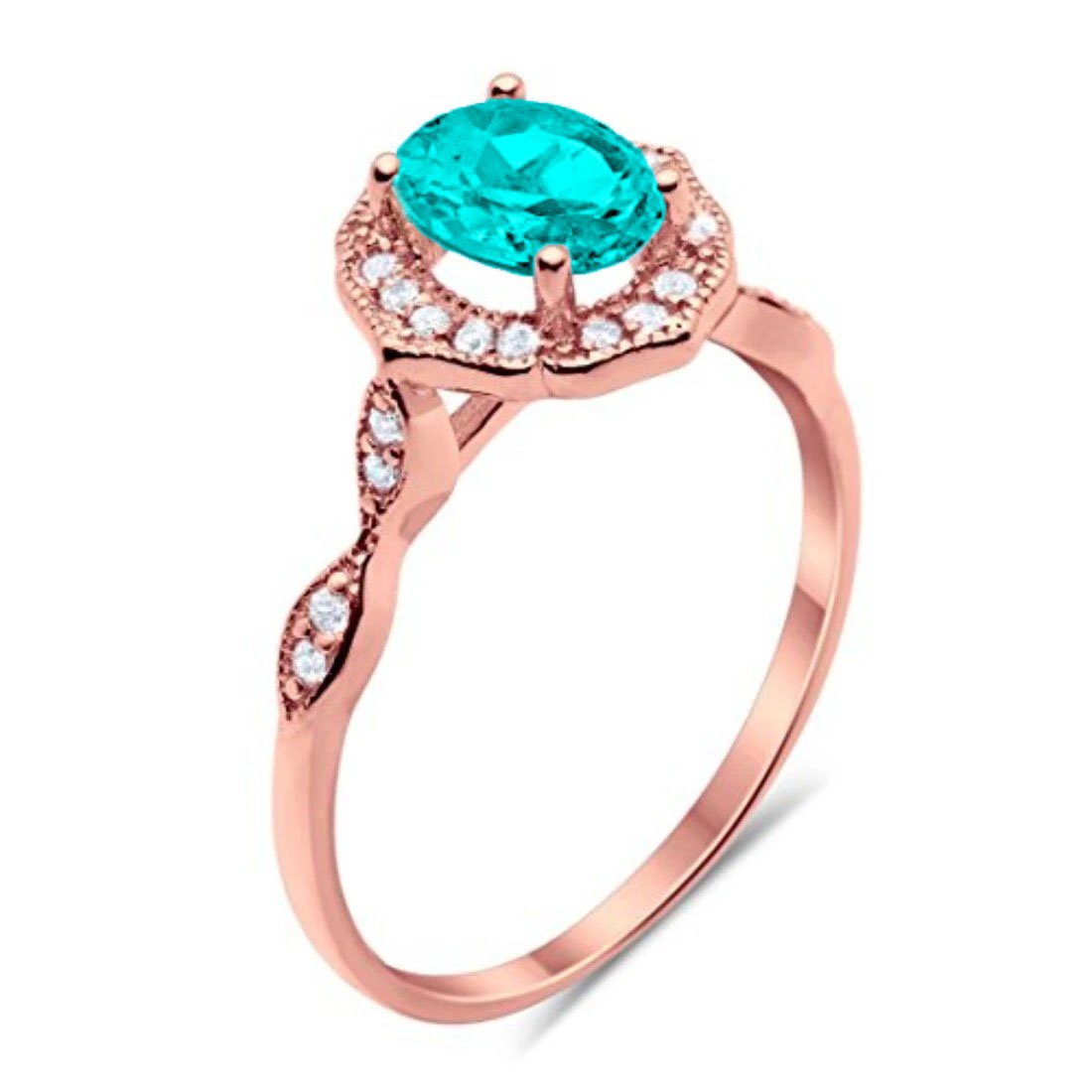 Antique Style Wedding Ring Oval Rose Tone, Simulated Paraiba Tourmaline CZ
