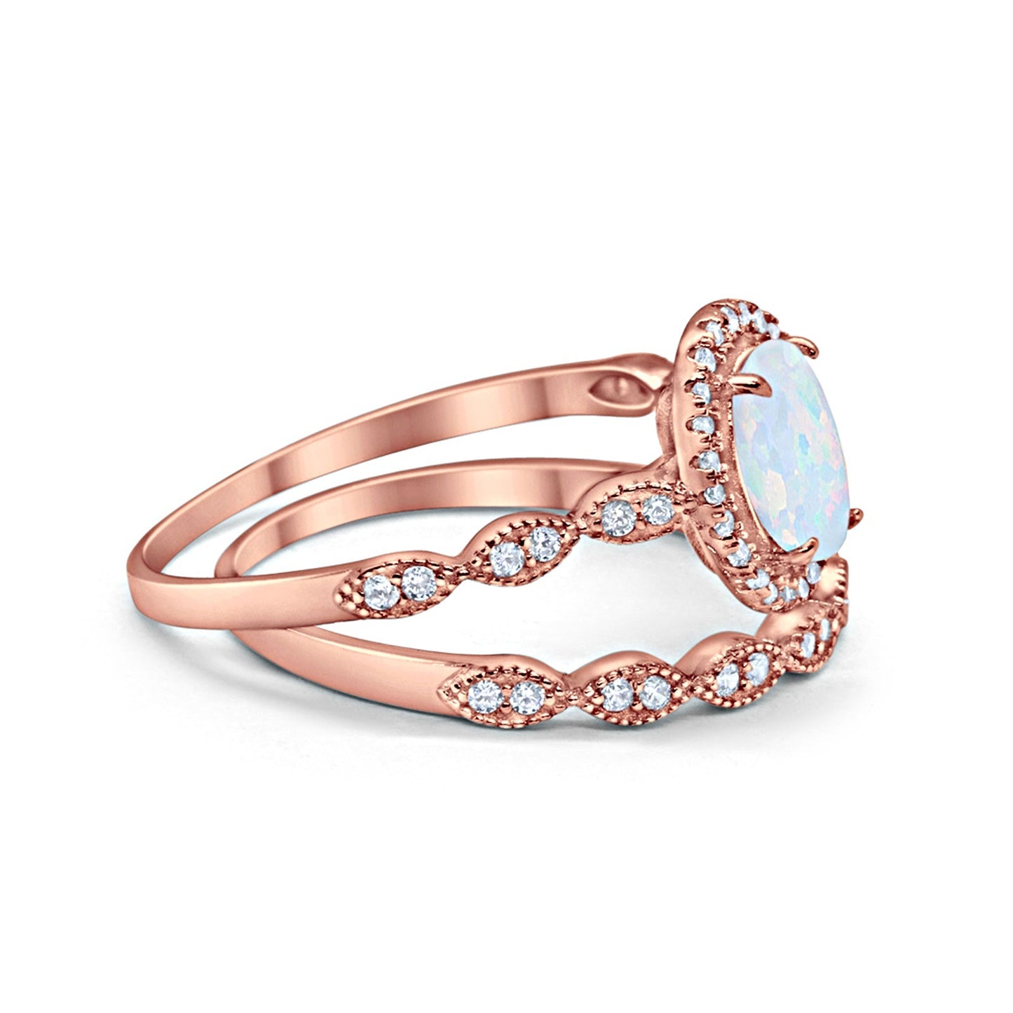 Halo Bridal Set Piece Oval Rose Tone, Lab Created White Opal Wedding Ring