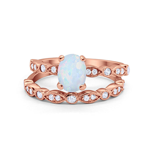 Two Piece Band Engagement Ring Oval Rose Tone, Lab Created White Opal