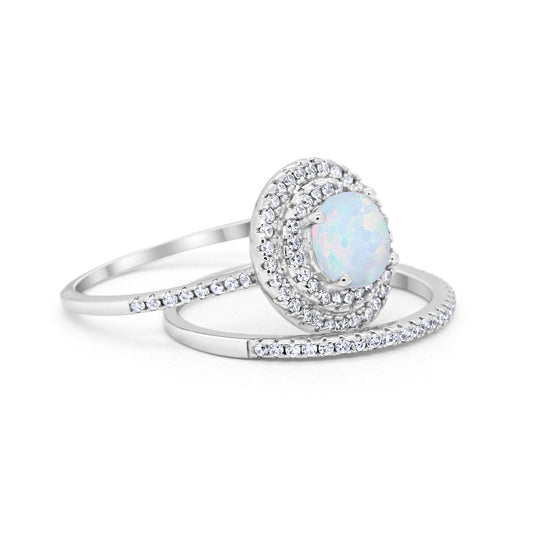 Double Halo Engagement Bridal Piece Ring Lab Created White Opal