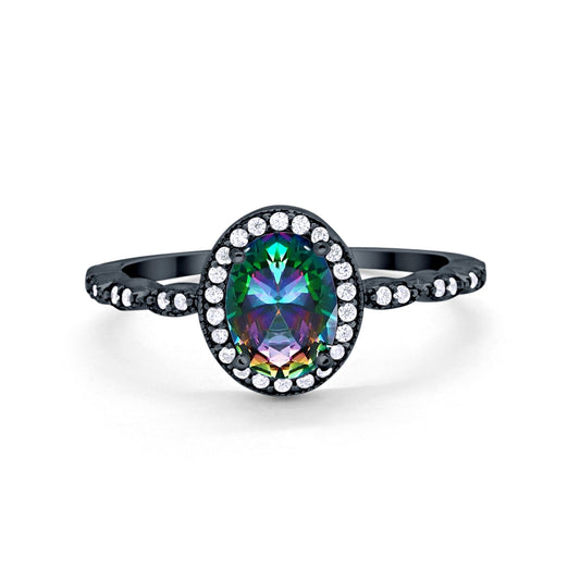 Oval Halo Bridal Black Tone, Simulated Rainbow CZ Engagement Ring