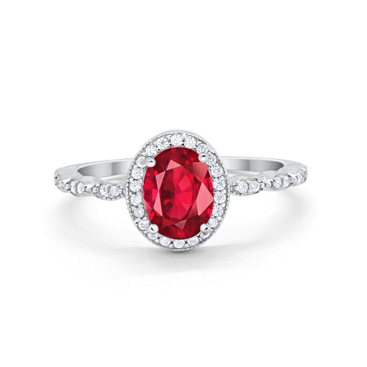 Oval Halo Bridal Simulated Ruby CZ Engagement Ring