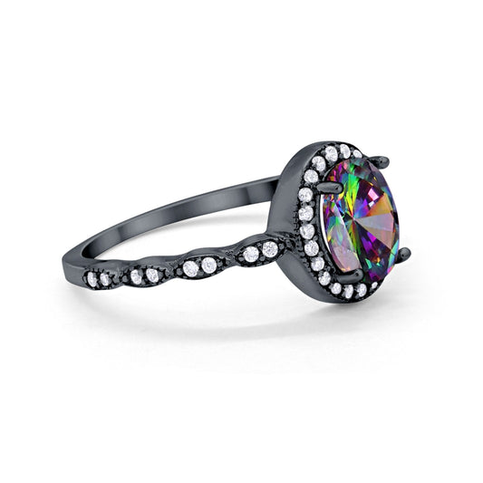 Oval Halo Bridal Black Tone, Simulated Rainbow CZ Engagement Ring