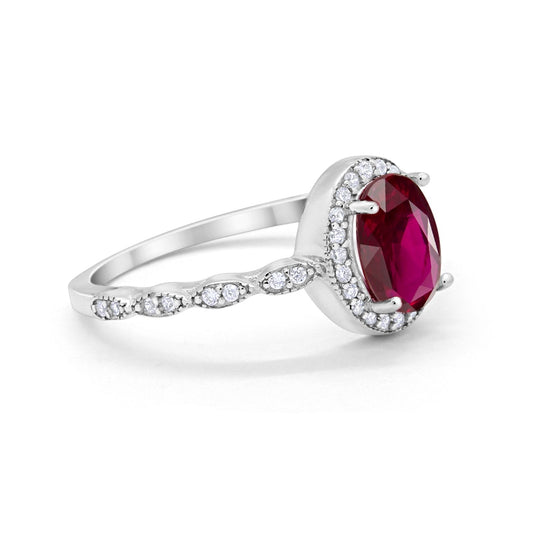Oval Halo Bridal Simulated Ruby CZ Engagement Ring