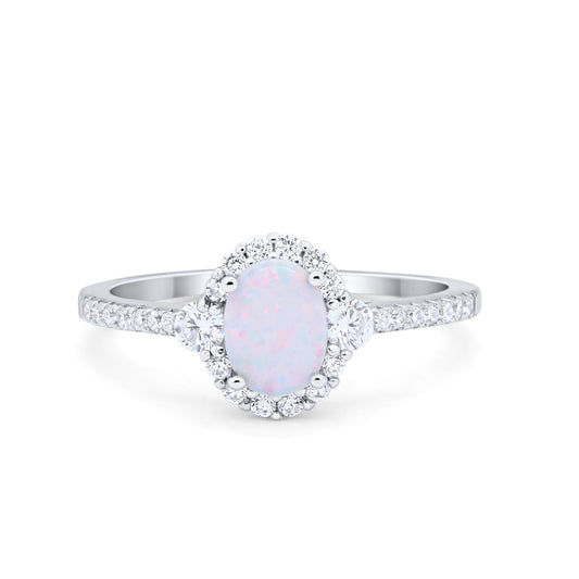 Art Deco Halo Oval Wedding Ring Lab Created White Opal