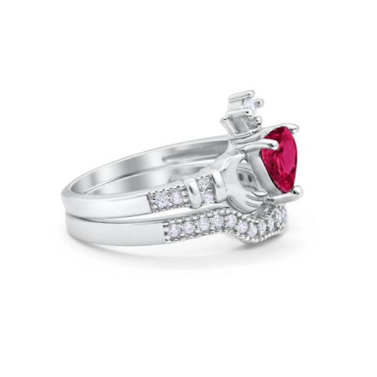 Two Piece Claddagh Ring Band Heart Simulated Ruby CZ