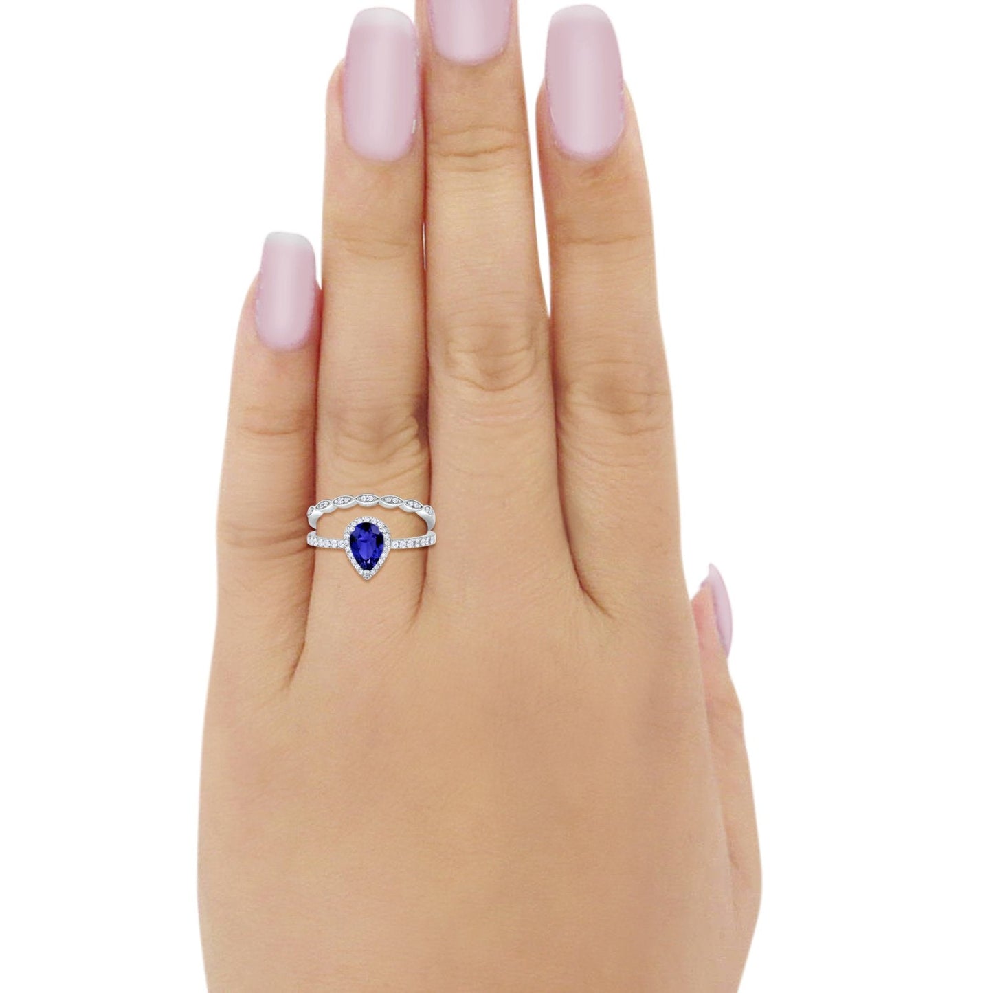 Art Deco Teardrop Wedding Piece Ring Simulated Blue Sapphire CZ