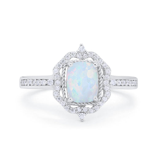 Halo Emerald Cut Lab Created White Opal Wedding Ring