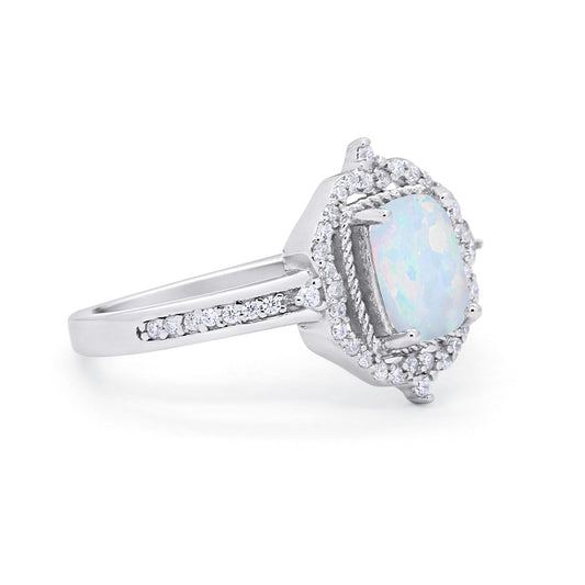 Halo Emerald Cut Lab Created White Opal Wedding Ring