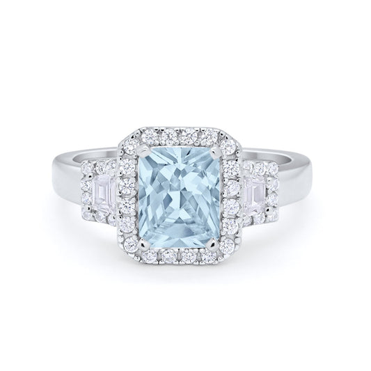Three Stone Baguette Simulated Aquamarine CZ Wedding Ring