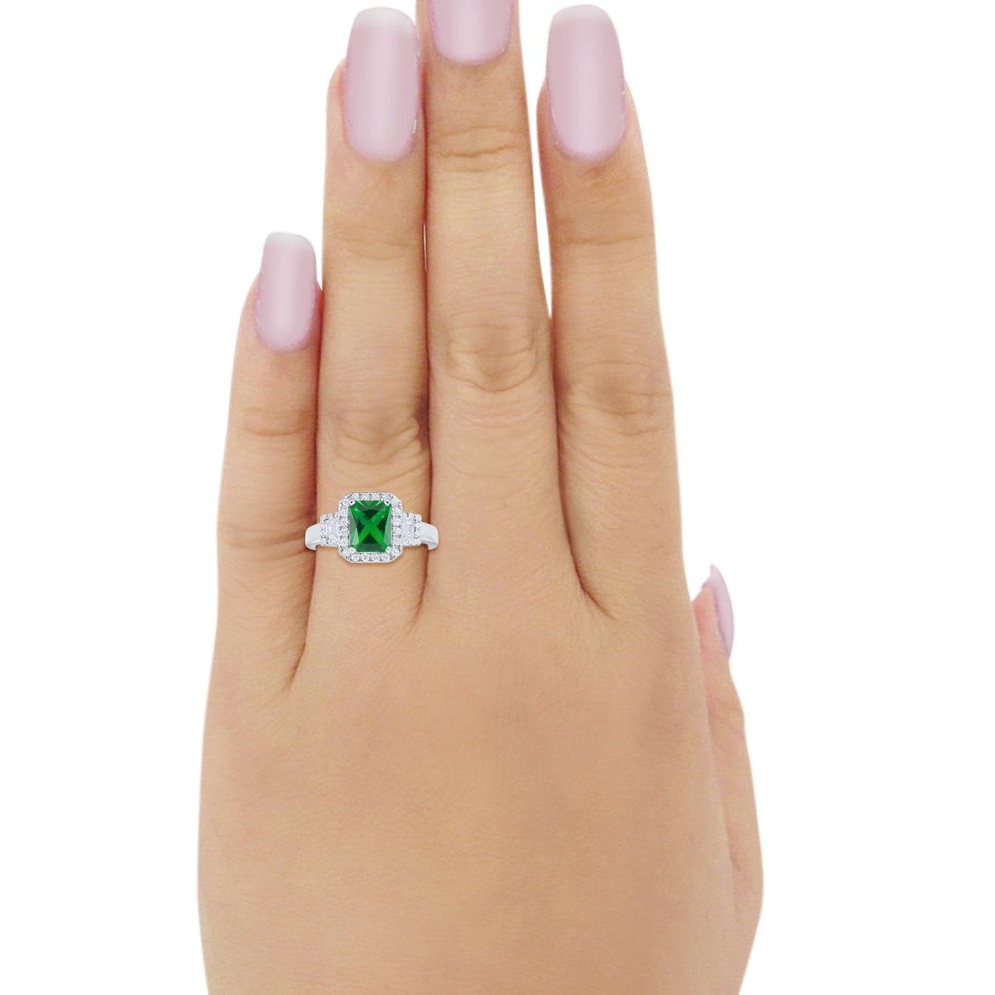 Three Stone Baguette Simulated Green Emerald CZ Wedding Ring