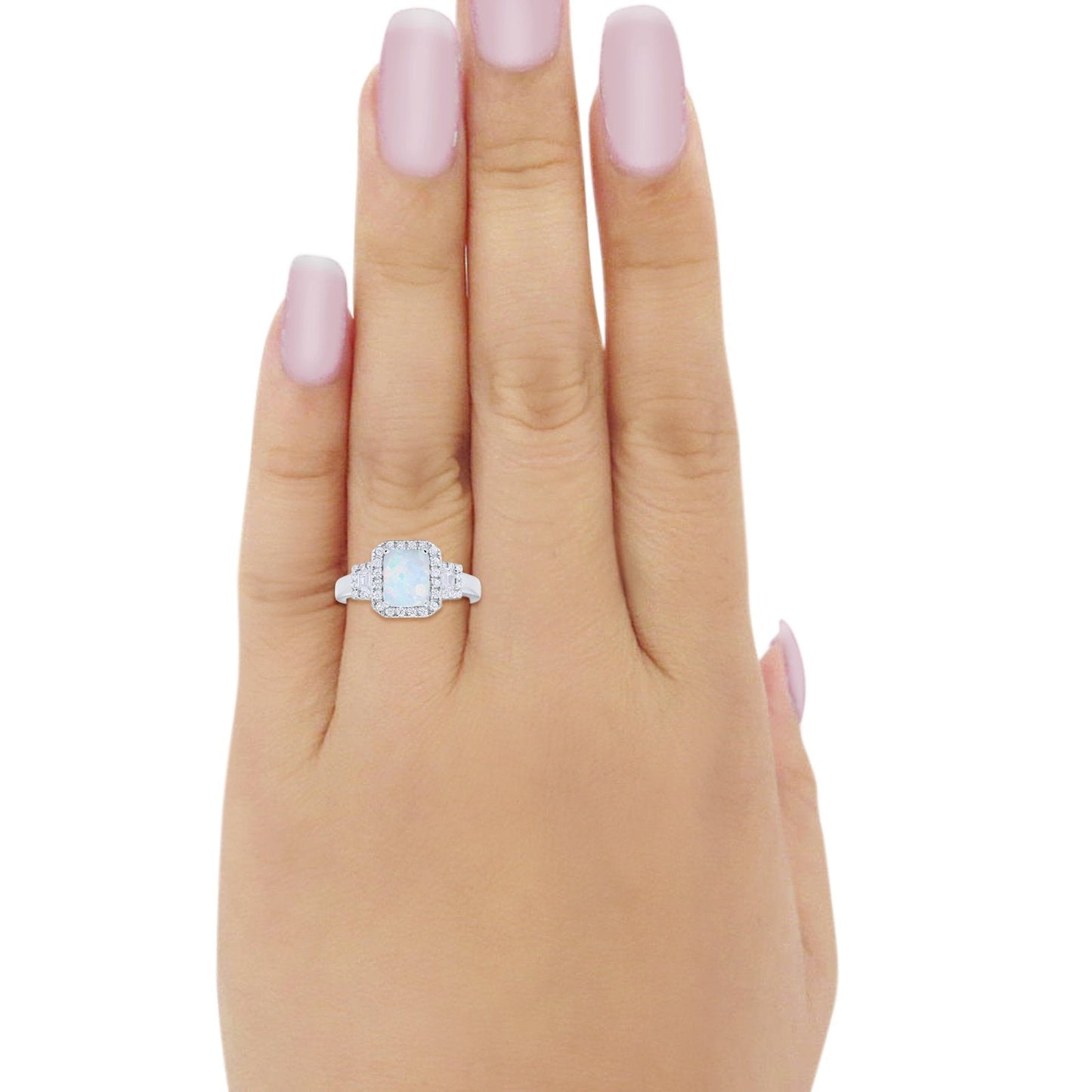 Three Stone Baguette Simulated CZ Created White Opal Wedding Ring