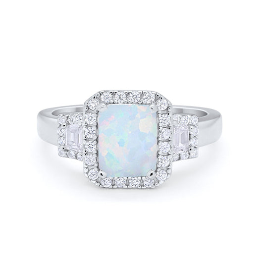 Three Stone Baguette Simulated CZ Created White Opal Wedding Ring