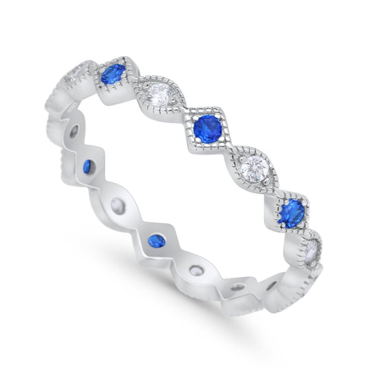 Full Eternity Wedding Band Ring Marquise Round Simulated Blue Sapphire CZ