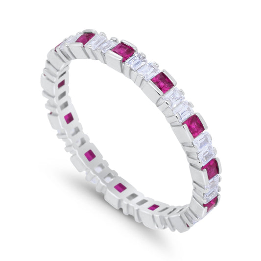Baguette Princess Full Eternity Wedding Band Ring Round Simulated Ruby CZ