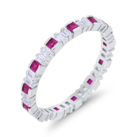 Baguette Princess Full Eternity Wedding Band Ring Round Simulated Ruby CZ