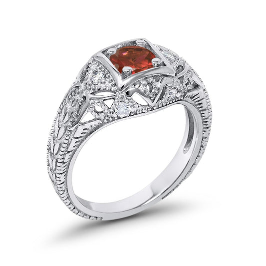 Antique Style Wedding Ring Round Simulated Garnet CZ
