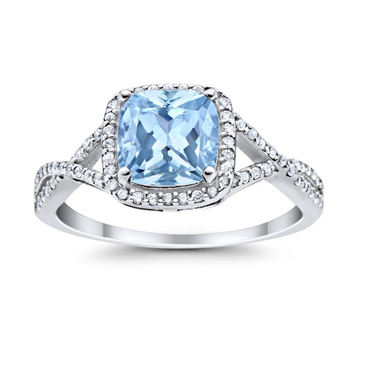 Halo Infinity Shank Engagement Ring Cushion Round Simulated Aquamarine CZ