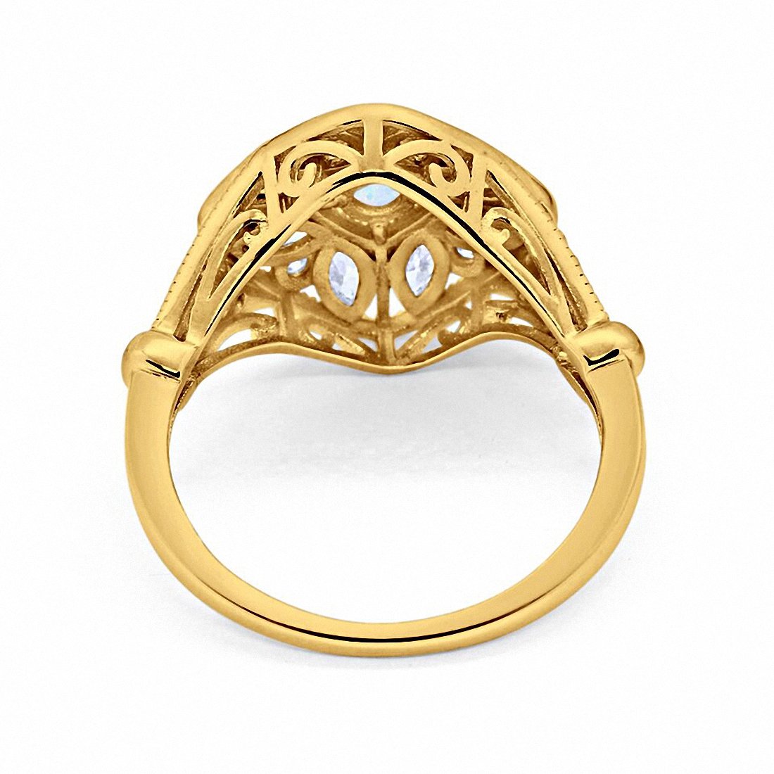 Art Deco Ring Marquise Filigree Yellow Tone, Simulated CZ