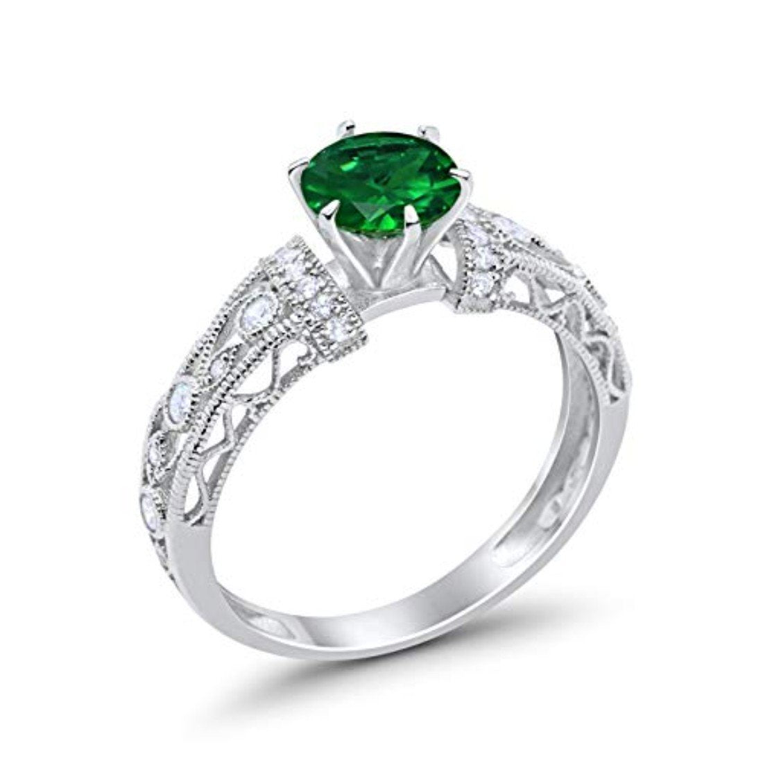 Art Deco Wedding Promise Ring Round Simulated Green Emerald CZ