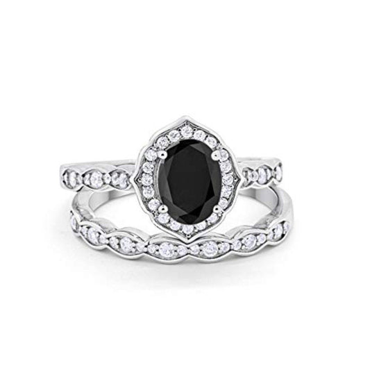 Two Piece Oval Art Deco Wedding Simulated Black CZ Ring