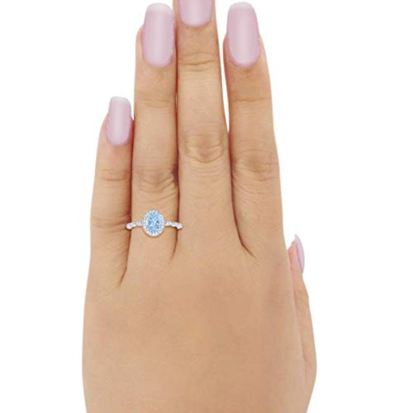 Oval Engagement Ring Halo Bridal Simulated Aquamarine CZ