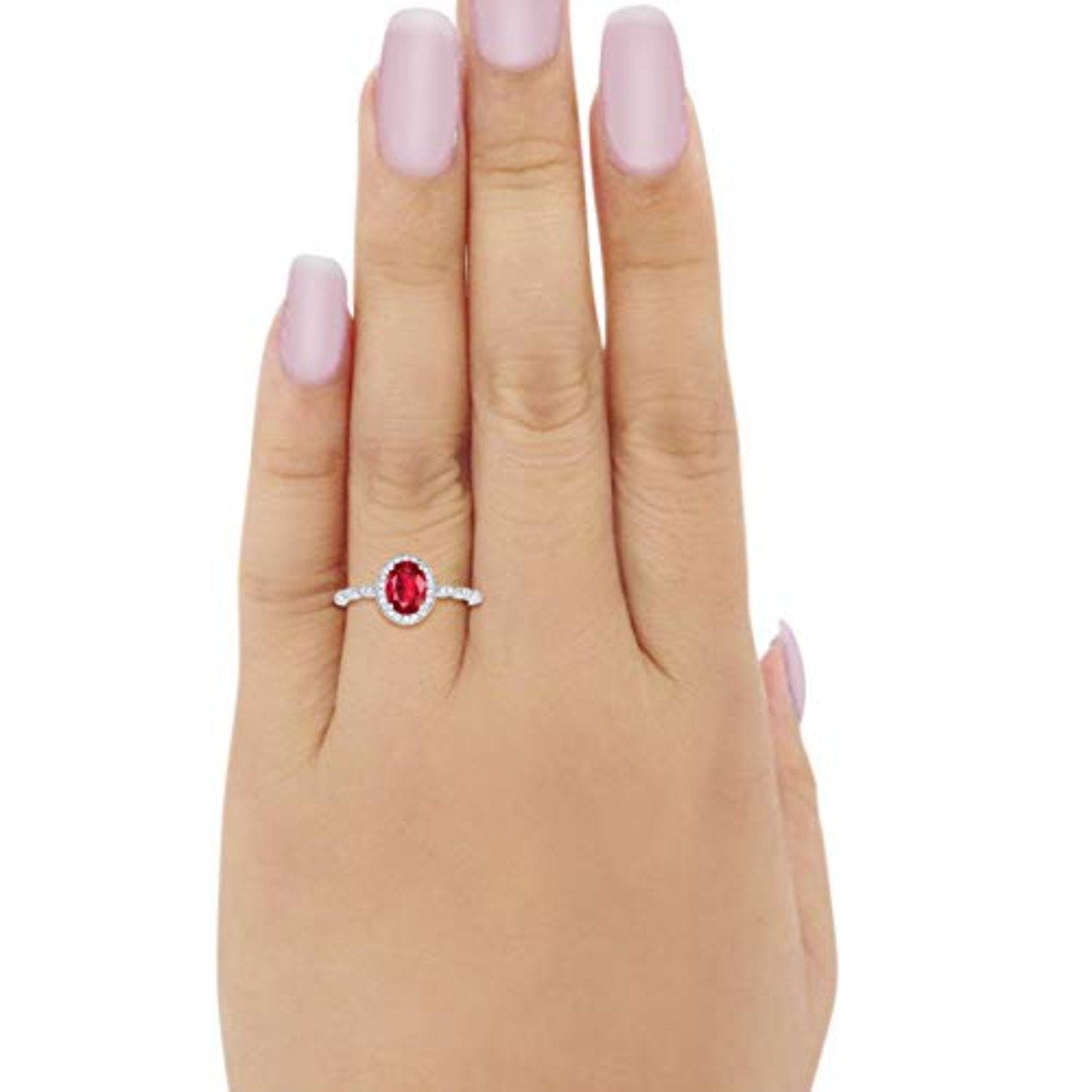 Oval Halo Bridal Simulated Ruby CZ Engagement Ring