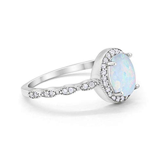 Oval Halo Bridal Lab Created White Opal Engagement Ring