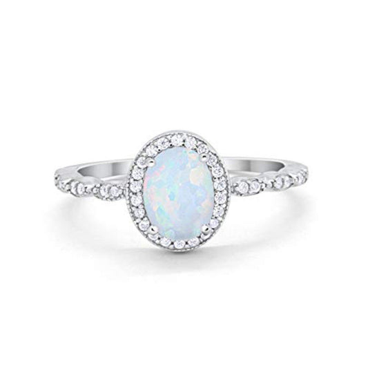 Oval Halo Bridal Lab Created White Opal Engagement Ring