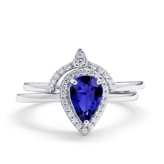 Two Piece Teardrop Engagement Ring Simulated Blue Sapphire CZ