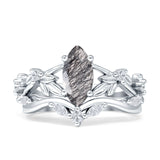 Marquise Natural Rutilated Quartz Split Shank Vintage Style Leaf Floral Ring 925 Sterling Silver
