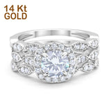 14K Gold Halo Art Deco Three Piece Round Shape Engagement Bridal Set Ring Band Simulated CZ