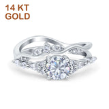 14K Gold Two Piece Vintage Style Art Deco Bridal Set Round Simulated Cubic Zirconia Wedding Ring