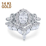 14K Gold Oval Shape Accent Vintage Simulated Cubic Zirconia Wedding Band Bridal Ring