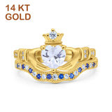 14K Gold Claddagh Accent Heart Wedding Bridal Set Piece Blue Sapphire Simulated Cubic Zirconia Wedding Ring