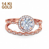 14K Gold Two Piece Halo Engagement Bridal Ring Round Shape Simulated Cubic Zirconia