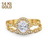 14K Gold Halo Bridal Set Piece Oval Shape Engagement Wedding Ring Simulated Cubic Zirconia