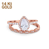 14K Gold Pear Shape Art Deco Teardrop Bridal Set Ring Band Engagement Piece Simulated CZ