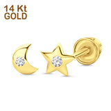 14K Yellow Gold 4mm Moon and Star Stud Earrings with Screw Back