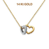 14K Two Tone Gold CZ Double Heart Necklace 17" + 1" Extension