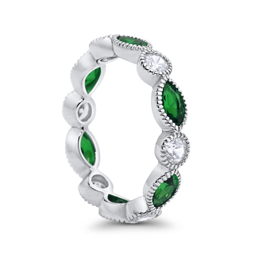 Eternity Style Ring Marquise Round Simulated Green Emerald CZ