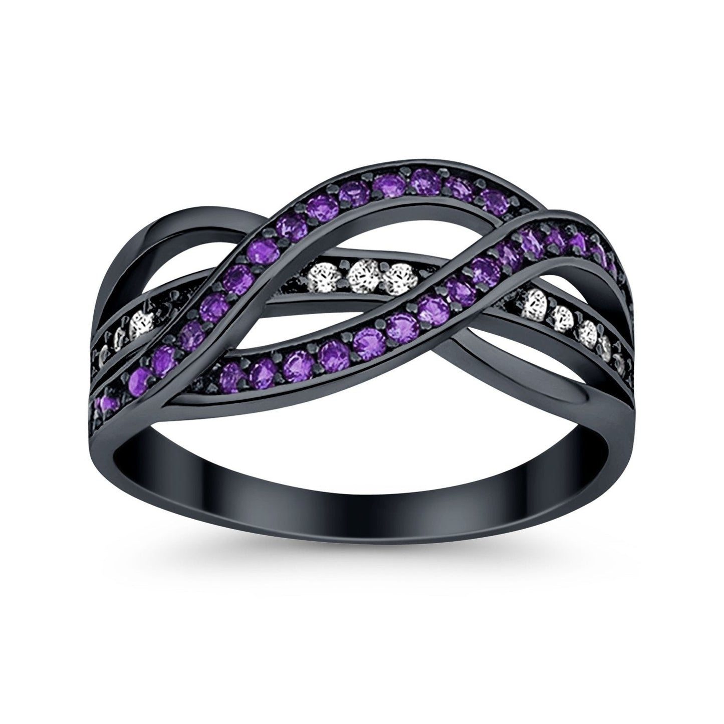 Half Eternity Weave Knot Ring Round Black Tone, Simulated Amethyst CZ