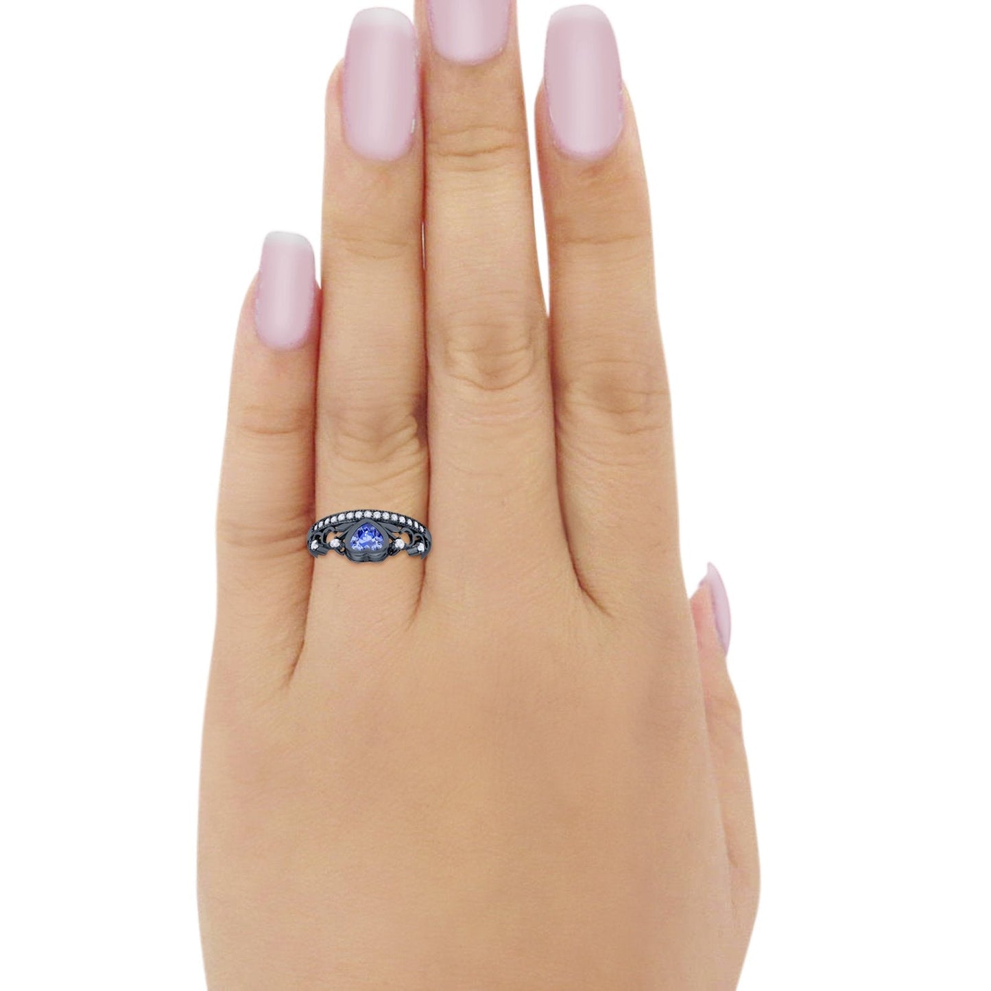 Heart Crown Ring Eternity Black Tone, Simulated Tanzanite CZ